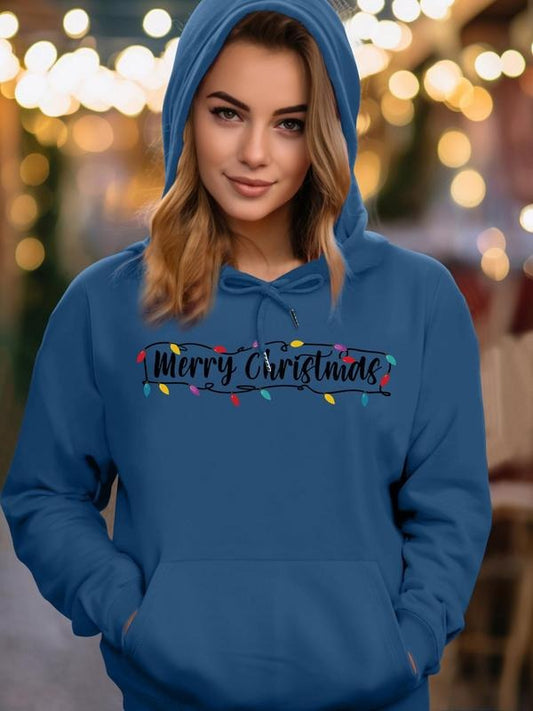 Women's Christmas Letter Print Drawstring Pocket Hoodie, Casual Drop Shoulder Long Sleeve Hooded Sweatshirt, Ladies Fall & Winter Clothes for Daily Wear