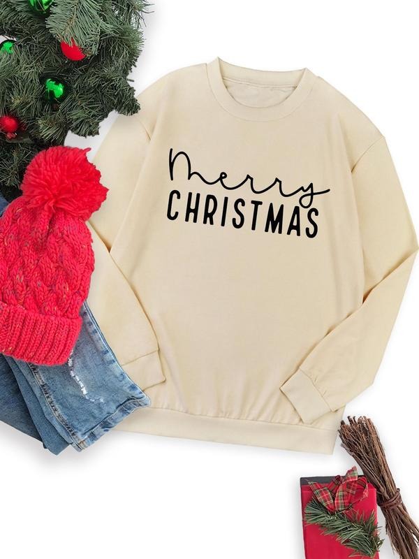 Women's Christmas Letter Print Drop Shoulder Sweatshirt, Casual Long Sleeve Round Neck Pullover for Fall & Winter, Ladies Clothes for Daily Wearstyle{n002}2