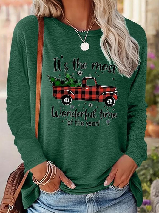 Women's Christmas Letter Print Drop Shoulder Tee, Casual Long Sleeve Round Neck Pullover for Daily Wear, Ladies Fall & Winter Clothes