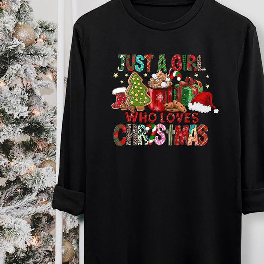 Women's Christmas Themed Cartoon Print Round Neck Tee, Casual Long Sleeve Crew Neck T-shirt for Fall & Winter, Women's Top for Daily Wear