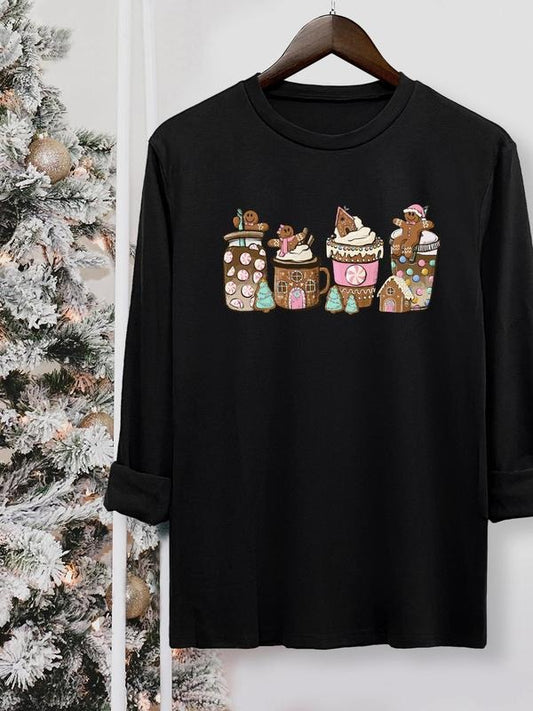 Women's Christmas Themed Cup Print Round Neck Tee, Casual Long Sleeve Crew Neck T-shirt for Fall & Winter, Women's Top for Daily Wear