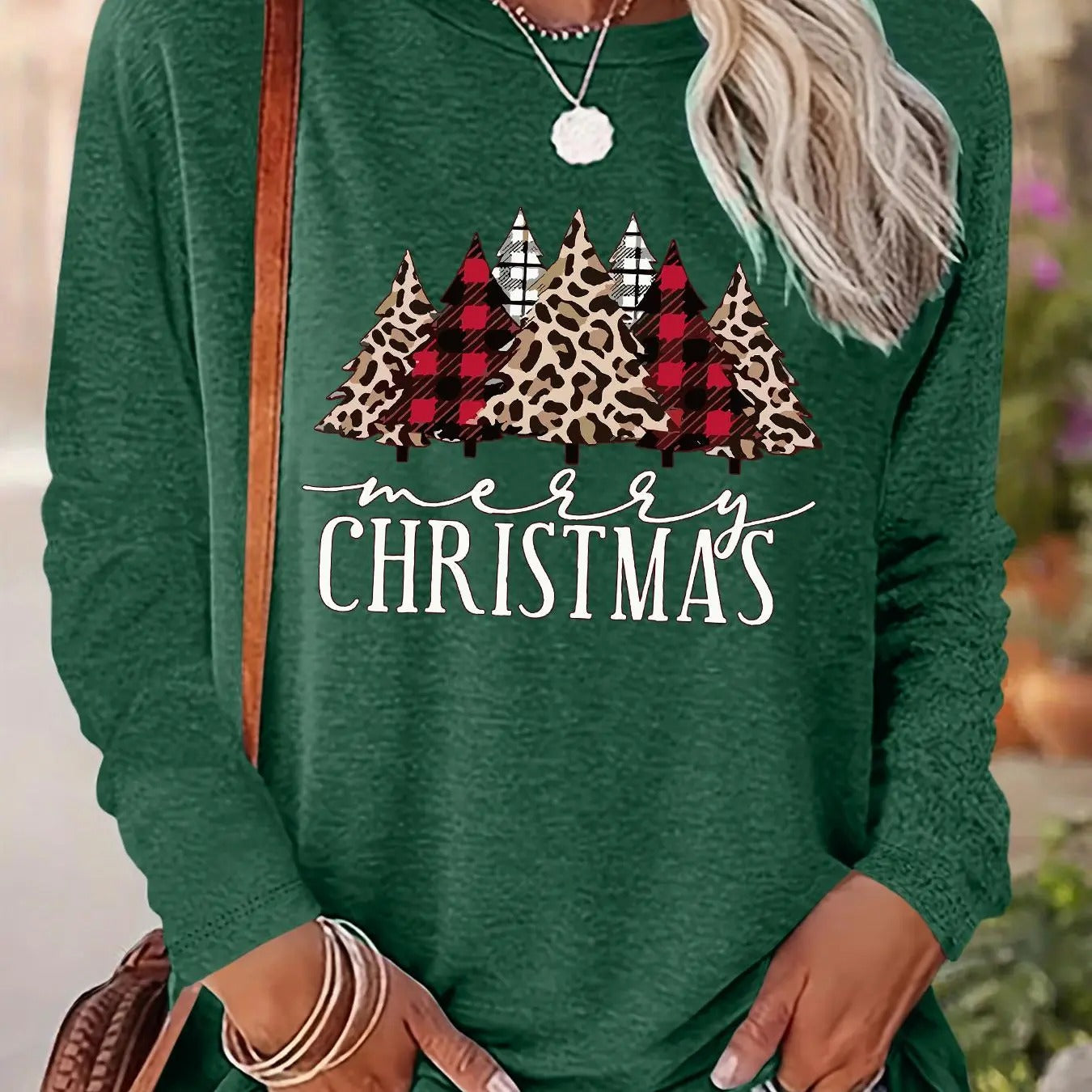 Women's Christmas Tree & Letter Print Drop Shoulder T-shirt, Casual Long Sleeve Round Neck Pullover for Daily Wear, Ladies Fall & Winter Clothes