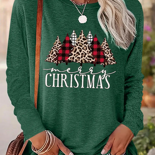 Women's Christmas Tree & Letter Print Drop Shoulder T-shirt, Casual Long Sleeve Round Neck Pullover for Daily Wear, Ladies Fall & Winter Clothes