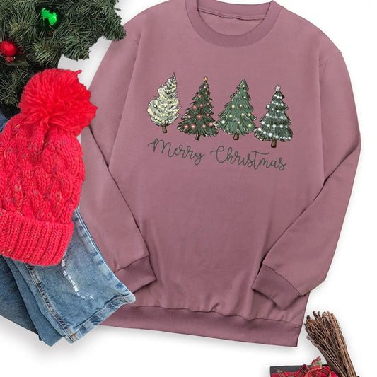 Women's Christmas Tree & Letter Print Round Neck Sweatshirt, Casual Long Sleeve Crew Neck Pullover for Fall & Winter, Women's Clothes for Daily Wear