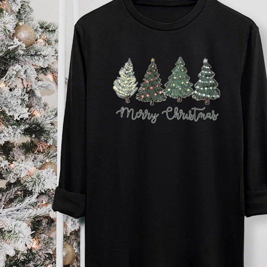Women's Christmas Tree & Letter Print Round Neck Tee, Casual Long Sleeve Crew Neck T-shirt for Fall & Winter, Women's Top for Daily Wearstyle{n002}3
