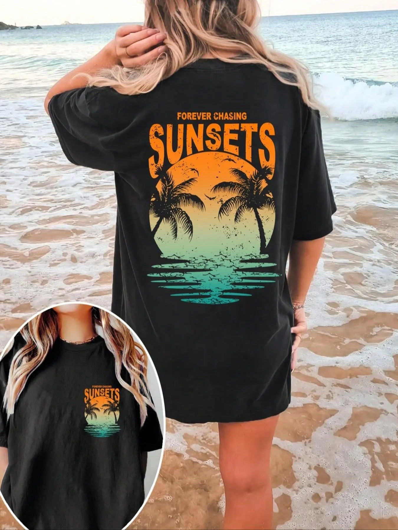 Women's Coconut Tree Graphic Print Round Neck Tee, Vintage Drop Shoulder Half Sleeve T-shirt for Daily Wear, Ladies Summer Outfit, Graphic Tees Women