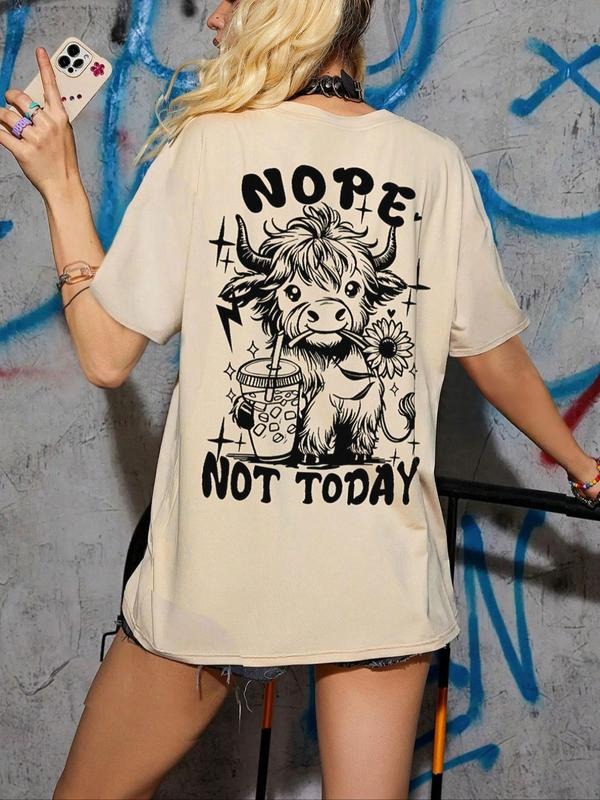 Women's Cow & Letter Print Drop Shoulder Tee, Casual Half Sleeve Round Neck T-shirt for Summer, Graphic Tees Women, Fashion Women's Top for Daily Wear, Summer Clothes, Crewneck Tshirt, Womenswear, Streetwear
