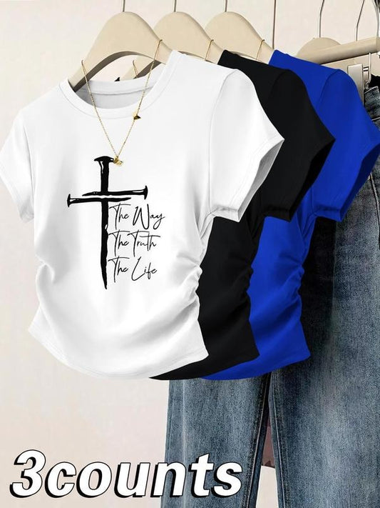 Women's Cross Print Round Neck Tee, Casual Short Sleeve T-shirt for Daily Wear, Ladies Clothes for All Seasons, Top