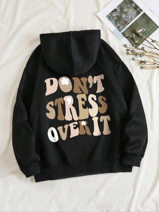 Women's Dont Stress Over It Print Drop Shoulder Hoodie, Fashion Casual Slogan Graphic Drawstring Pocket Hooded Sweatshirt, Women Clothes for Spring & Fall