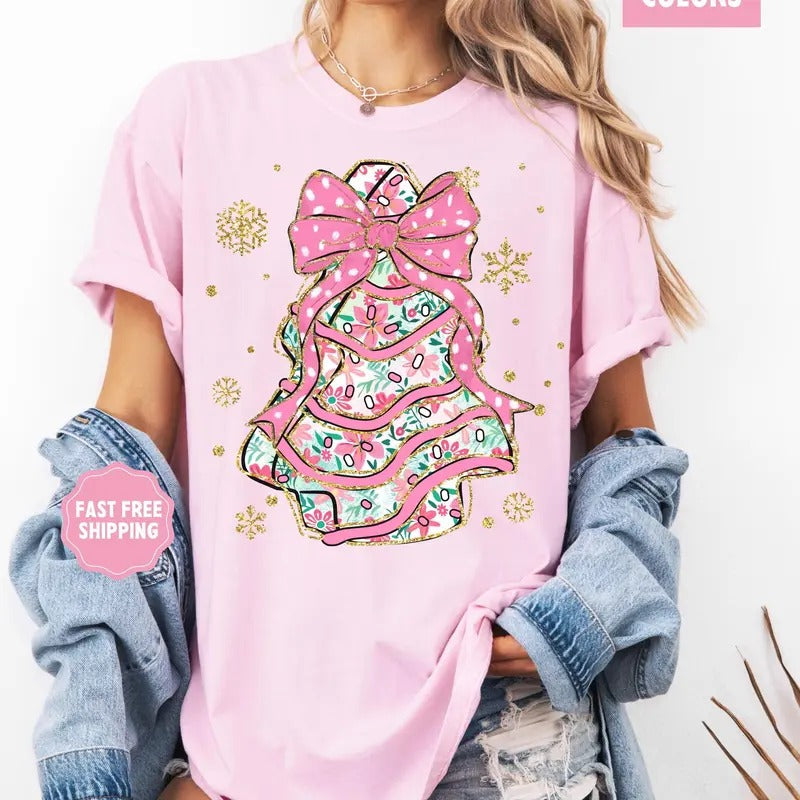Women's Festive T-shirt with Coquette Bow, Loose Fit Christmas Party Tee, 50% Cotton 50% Polyester, Medium-heavy Fabric - Pullover