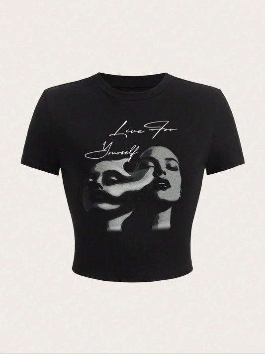 Women's Figure & Letter Print Round Neck Crop Tee, Casual Short Sleeve Crew Neck T-Shirt for Summer, Streetwear Women's Top for Daily Wear