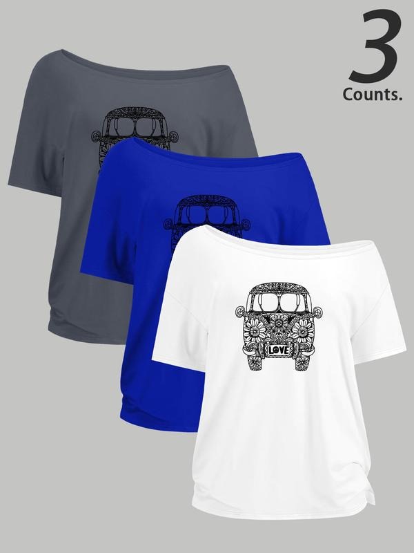 Women's Floral & Car Print One Shoulder Tee, Casual Skull Print Short Sleeve T-shirt for Daily Wear, Ladies Clothes for All Seasons, Top