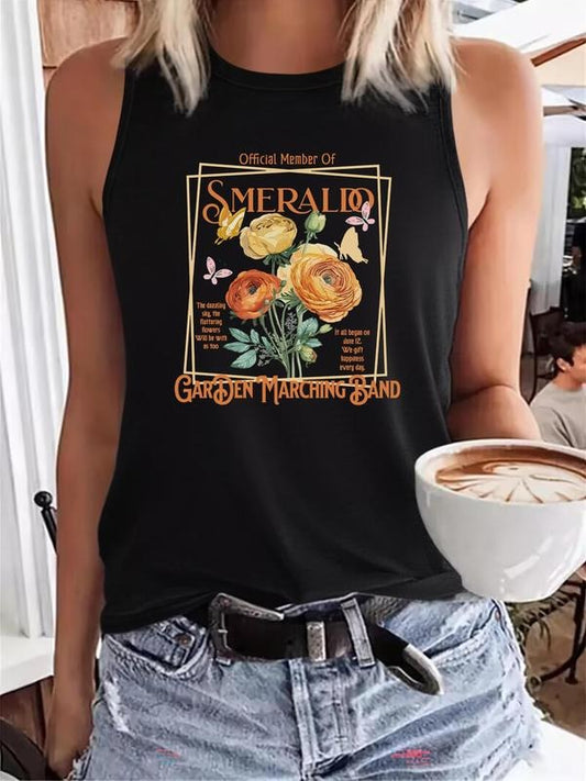 Women's Floral & Letter Print Round Neck Tank Top, Casual Sleeveless Top for Summer, Ladies Clothes for Daily Wear, Socks