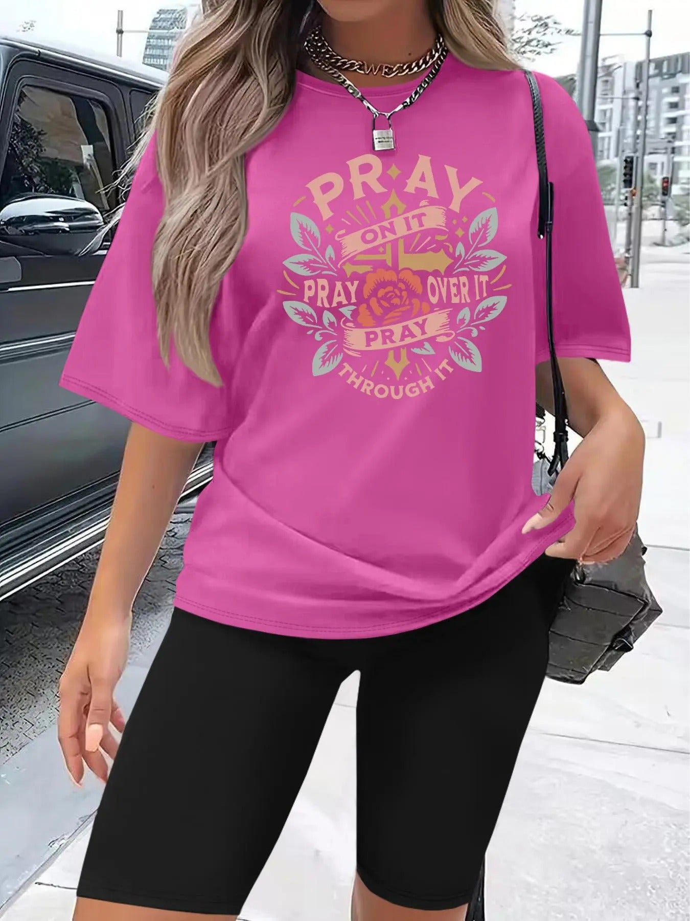 Women's Floral & Letter Print Tee & Skinny Shorts Two-Piece Set, Casual Fashion Cozy Round Neck Short Sleeve T-Shirt & Shorts for Daily Outdoor Wear, Ladies Clothes for All Seasons