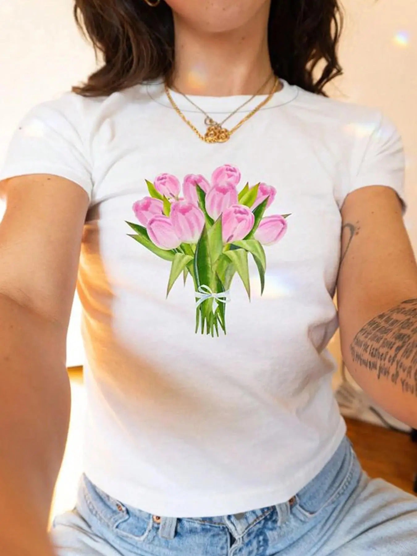 Women's Floral Print Round Neck  Crop Tee, Fashion Casual Short Sleeve T-shirt, Ladies Summer Clothes for Daily Wear