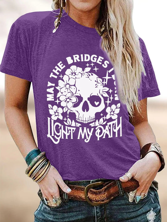 Women's Floral Skull & Letter Print Round Neck Tee, Fashion Casual Short Sleeve T-shirt for Daily Holiday Vacation Outdoor Wear, Ladies Clothes for Summer