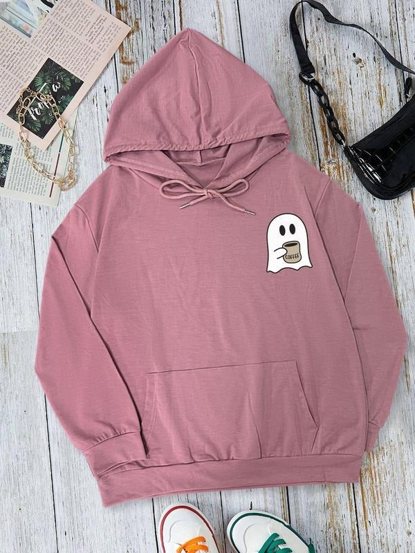 Women's Ghost Print Drawstring Pocket Hoodie, Casual Long Sleeve Hooded Sweatshirt for Fall & Winter, Women's Clothes for Daily Wear