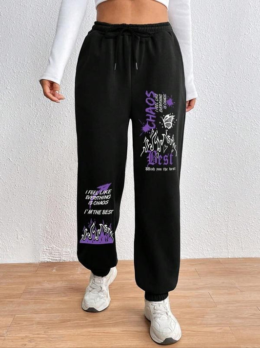 Women's Graphic Drawstring High Waist Sweatpants, Casual Elastic Waist Jogger Pants for Women, Women's Trousers for Fall & Winter
