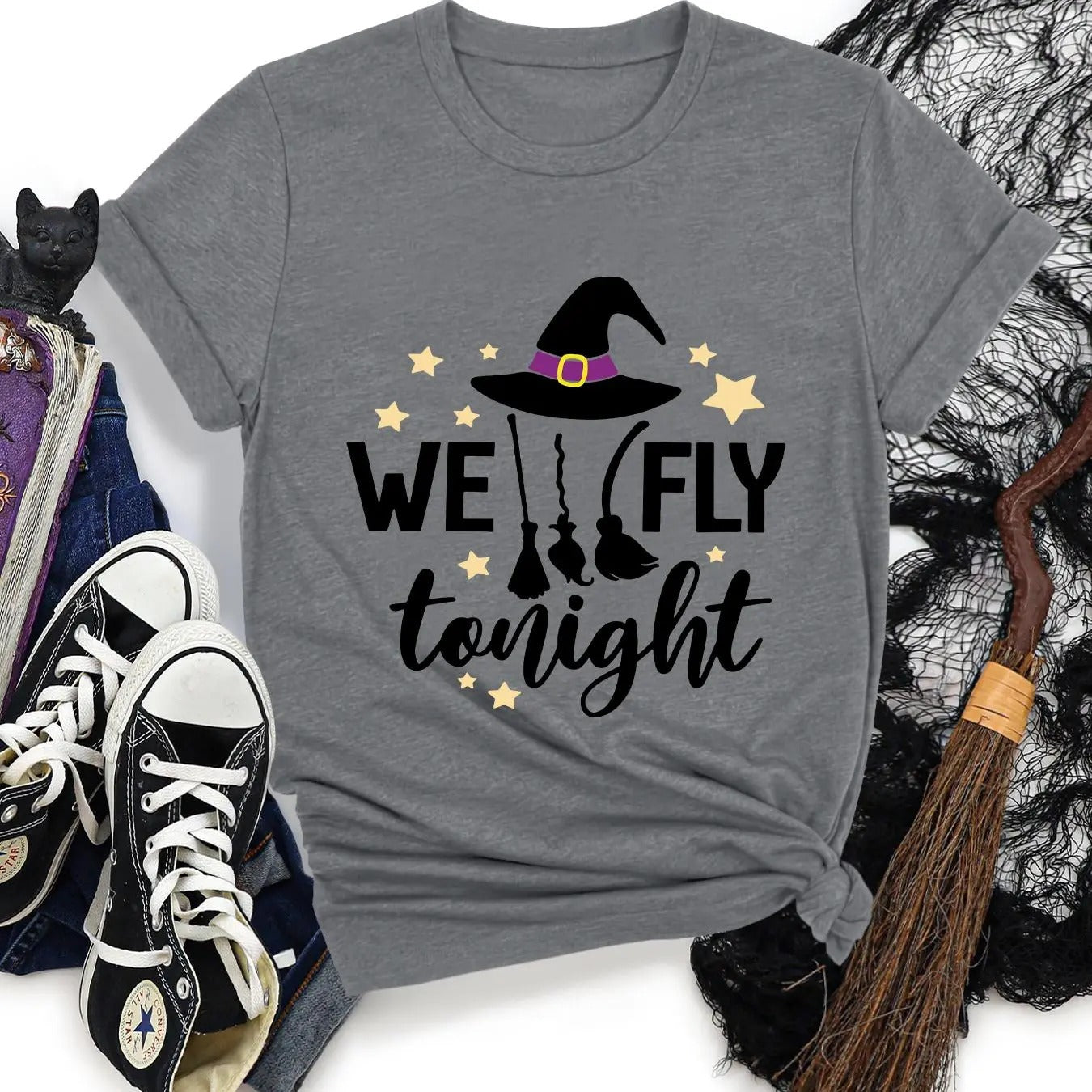 Women's Halloween & Letter Print Round Neck Tee, Casual Short Sleeve Crew Neck T-shirt for All Seasons, Ladies Clothes for Daily Wear