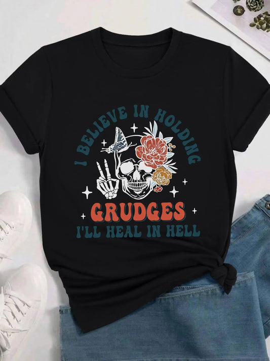 Women's Halloween Cartoon Floral & Letter Print Round Neck Graphic Tee, Vintage Trendy Casual Skull Print Short Sleeve T-shirt for Daily Wear, Ladies Summer Outfit