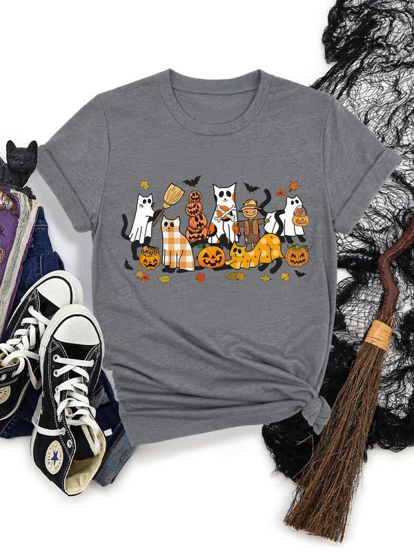 Women's Halloween Cartoon Ghost & Pumpkin Print Round Neck Tee, Casual Short Sleeve T-shirt for Daily Wear, Ladies Clothes for Summer