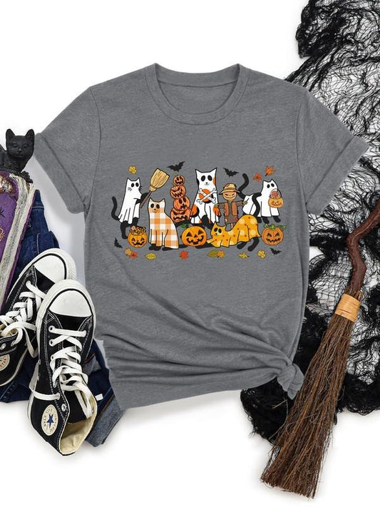 Women's Halloween Cartoon Ghost & Pumpkin Print Round Neck Tee, Casual Short Sleeve T-shirt for Daily Wear, Ladies Clothes for Summer