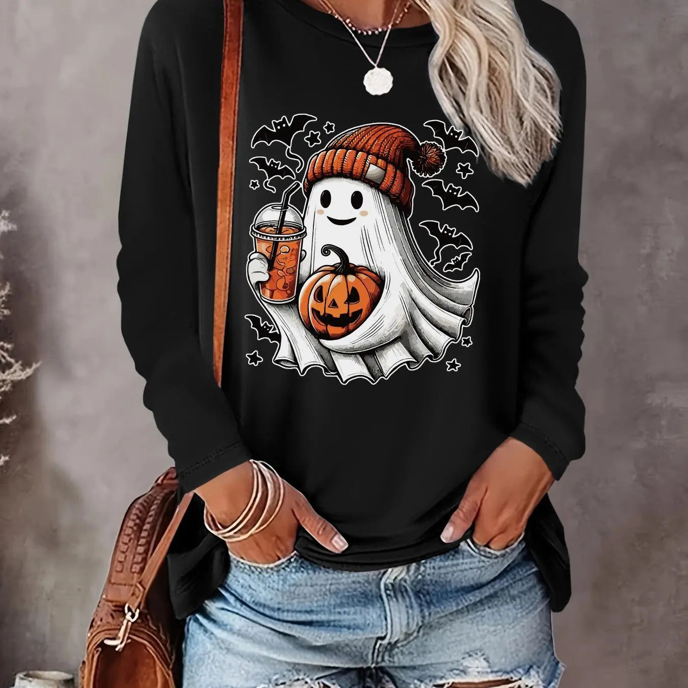 Women's Halloween Ghost Print Round Neck T-shirt, Casual Long Sleeve Crew Neck Tee for Fall & Winter, Women's Clothes for Daily Wear