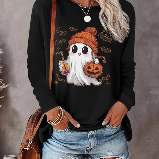 Women's Halloween Ghost Print Round Neck Tee, Casual Long Sleeve Crew Neck T-shirt  for Fall & Winter, Women's Clothes for Daily Wear