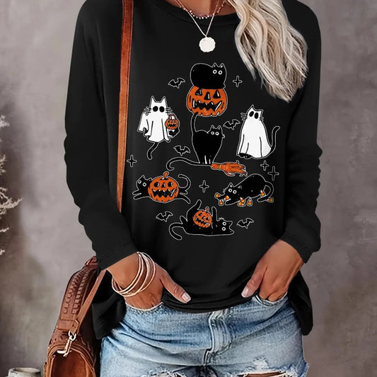 Women's Halloween Print Sweatshirt, Casual Long Sleeve Round Neck Pullover for Daily Wear, Ladies Clothing for All Seasons