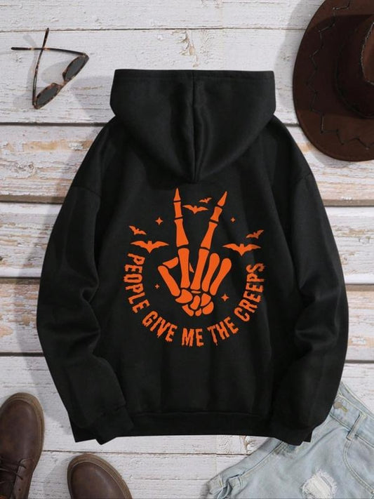 Women's Halloween Skeleton Print Drawstring Hoodie, 2000s Clothes, Graphic Hoodie, Rap Hoodie, Fashion Letter Print Pocket Hooded Sweatshirt for Fall, Women Street Wear Vintage Clothing, Please Purchase A Size Up