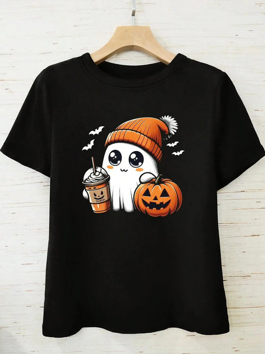 Women's Halloween Themed Ghost Graphic Print Round Neck Tee, Fashion Casual Short Sleeve T-shirt, Ladies Summer Clothes for Daily Wear
