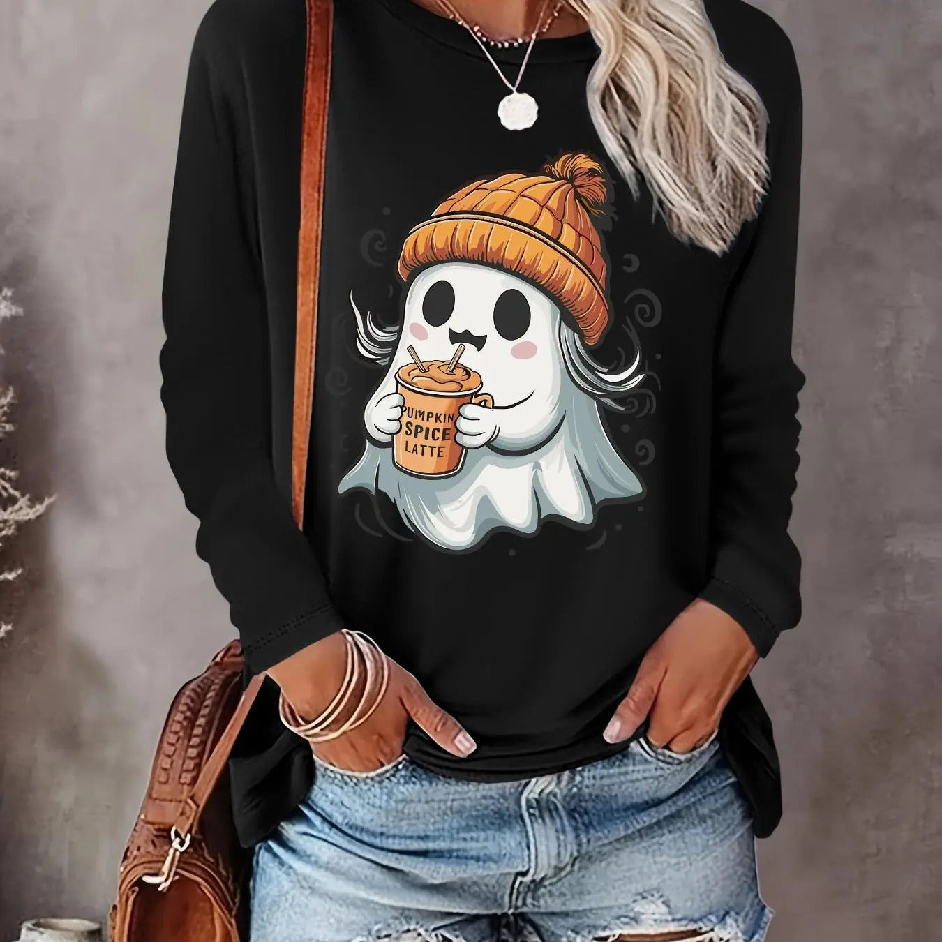 Women's Halloween Themed Ghost Print Round Neck Tee, Casual Long Sleeve Crew Neck T-shirt for Fall & Winter, Women's Top for Daily Wear