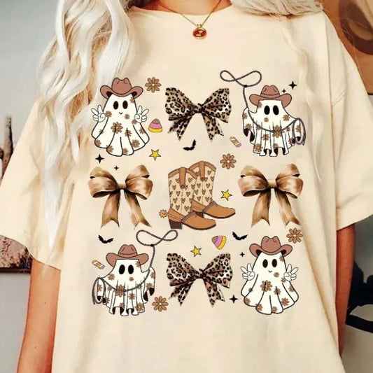 Women's Halloween Themed Ghost Print Round, Ghost Halloween Shirt