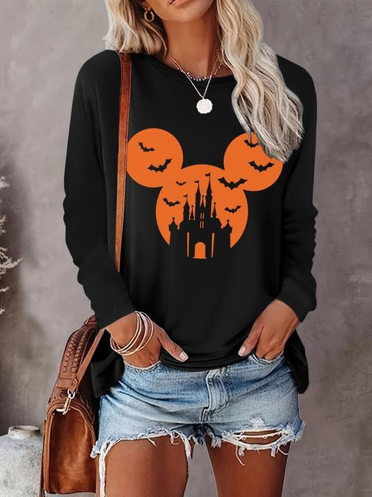 Women's Halloween Themed Round Neck Tee, Casual Long Sleeve Crew Neck Top for Fall & Winter, Women's Clothes for Daily Wear