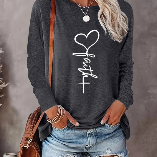 Women's Heart & Letter Print Round Neck Tee, Casual Long Sleeve Crew Neck T-shirt for Fall & Winter, Women's Top for Daily Wear