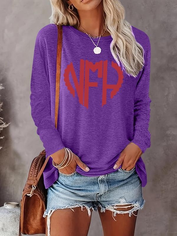 Women's Heart & Letter Print Round Neck Tee, Casual Long Sleeve Crew Neck T-shirt for Spring & Fall, Women's Top for Daily Wear