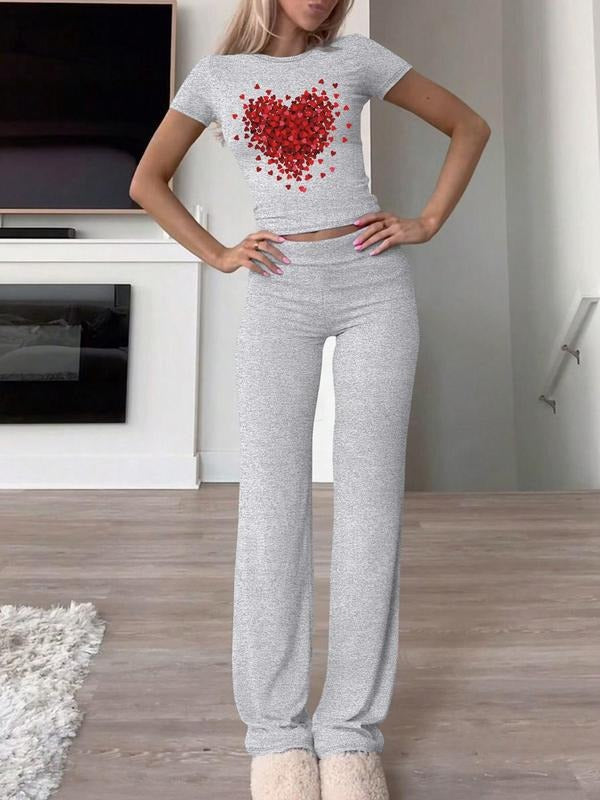 Women's Heart Print Crop Tee & Pants Two-piece Set, Casual Round Neck Short Sleeve T-shirt & Trousers for Daily Wear, Ladies Fall Clothes