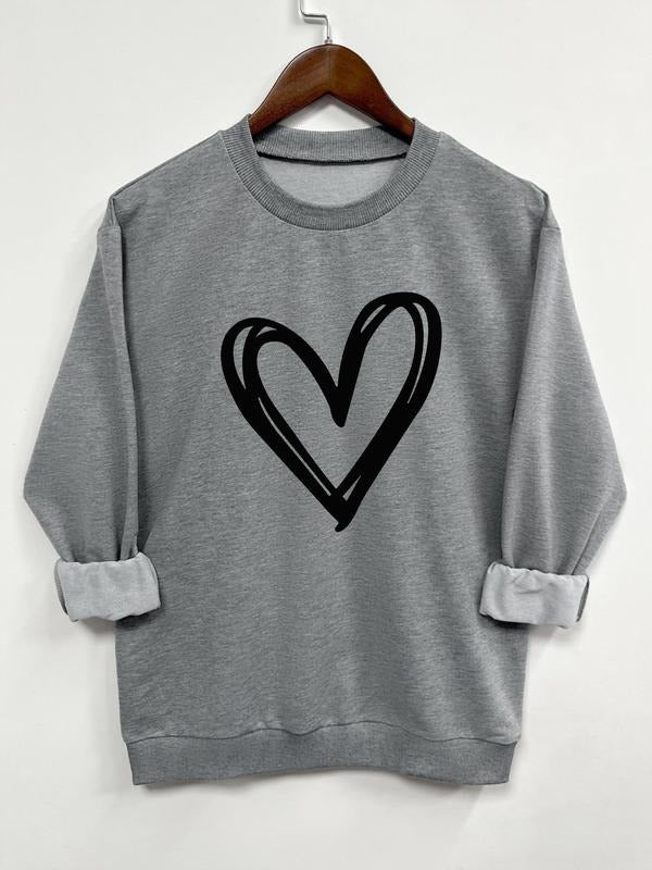 Women's Heart Print Round Neck Sweatshirt, Casual Long Sleeve Crew Neck Pullover for Spring & Fall, Fashion Women's Top for Daily Wear