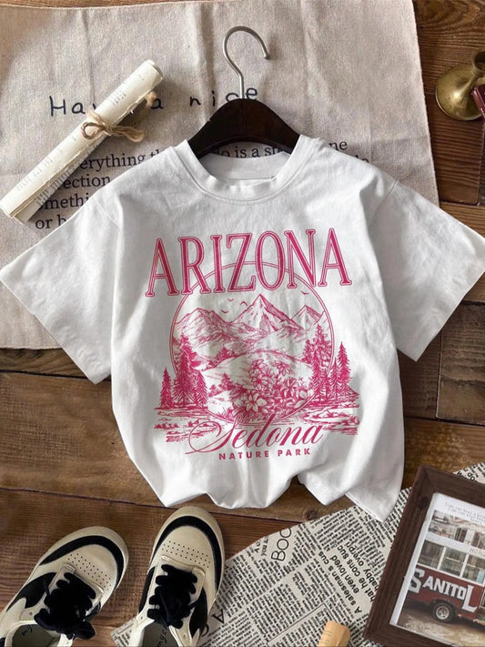 Women's Landscape & Letter Print Round Neck Graphic Tee, Vintage Trendy Casual Short Sleeve T-shirt for Daily Wear, Ladies Summer Outfit