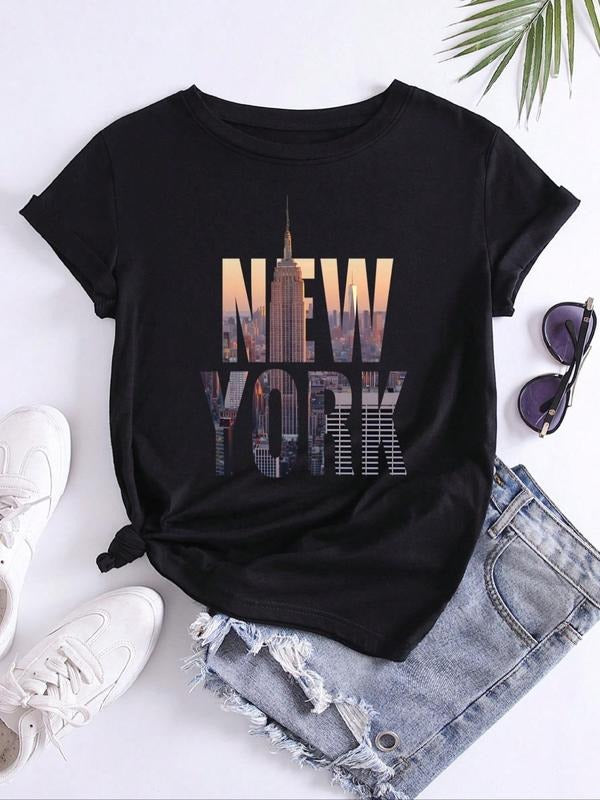 Women's Landscape & Letter Print Round Neck Tee, Summer Clothes Women Casual Short Sleeve Crew Neck Graphic T-Shirt for Summer, Women's Top for Daily Wear