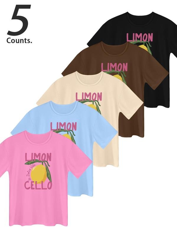 Women's Lemon & Letter Print Round Neck Tee, Casual Short Sleeve T-shirt for Daily Wear, Ladies Clothes for All Seasons, Top