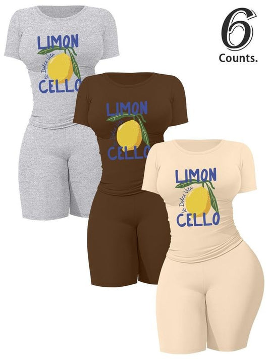 Women's Lemon Print Crop Tee & Skinny Shorts Set, Casual Short Sleeve T-shirt & Shorts, Ladies Summer Clothes, Womenswear