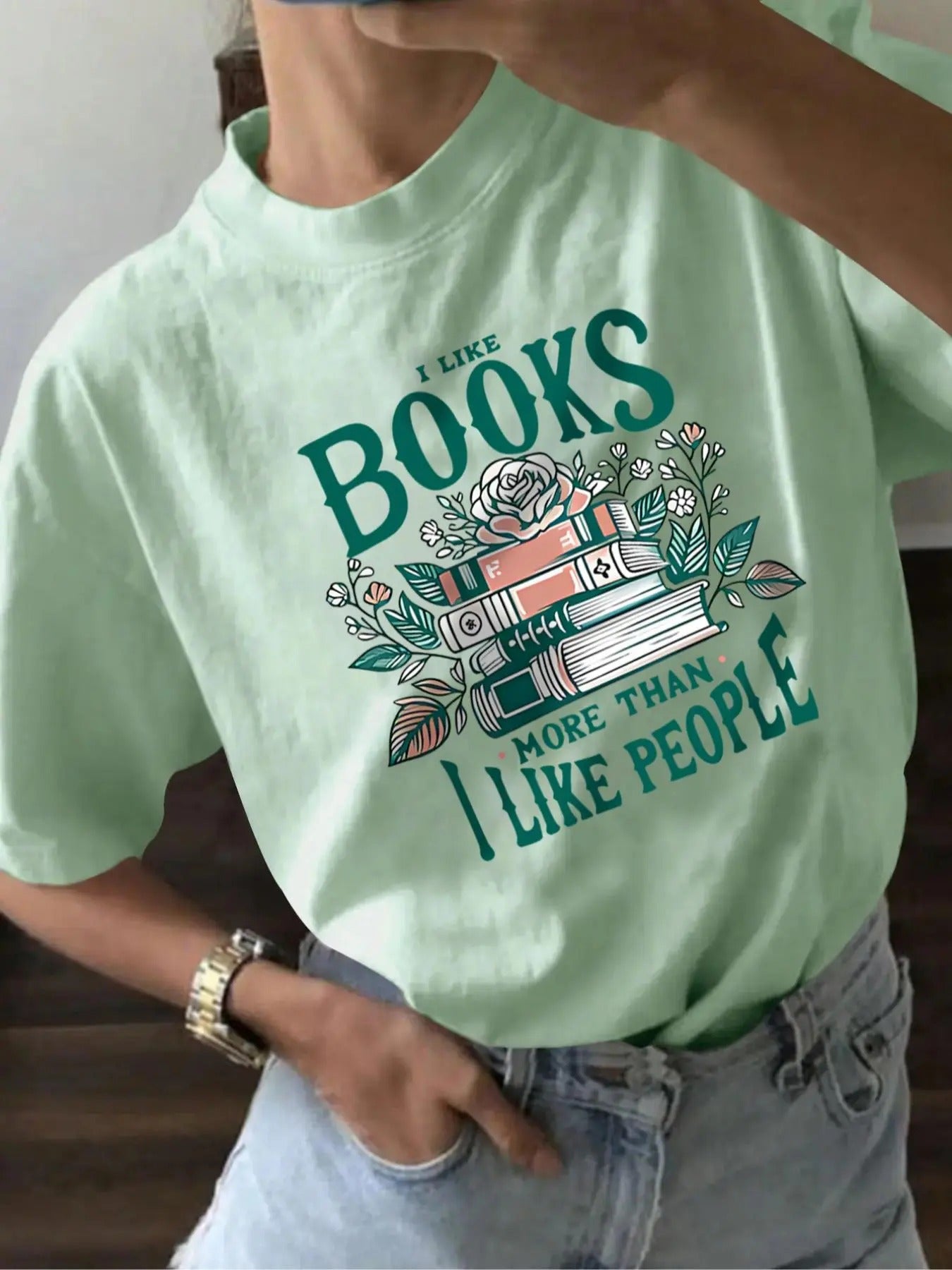 Women's Letter & Book Print Round Neck Tee, Casual Short Sleeve T-shirt for Daily Wear, Ladies Summer Tops