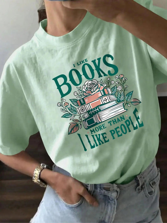 Women's Letter & Book Print Round Neck Tee, Casual Short Sleeve T-shirt for Daily Wear, Ladies Summer Tops