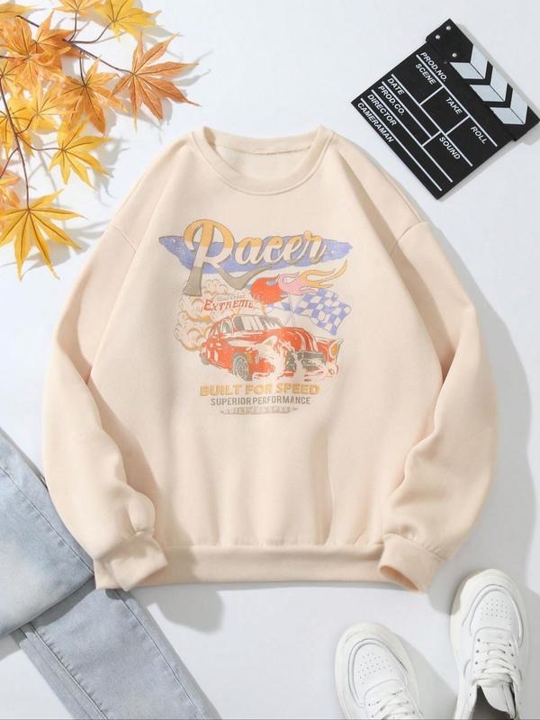 Women's Letter & Car Print Fitted Round Neck Long Sleeve Graphic Sweatshirt, Womenswear Tops, Lady Casual Comfort Crew Neck Pullover for Fall & Winter, Women's Yellow Clothes for Daily Wear