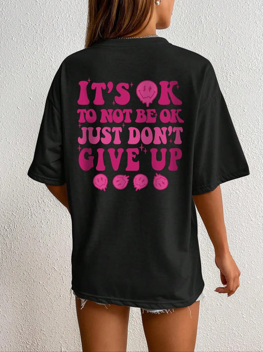 Women's Letter & Cartoon Face Print Short Sleeve Drop Shoulder Tee, Fashion Casual Crew Neck T-shirt for Daily Holiday Outdoor Wear, Ladies Clothes for Summer