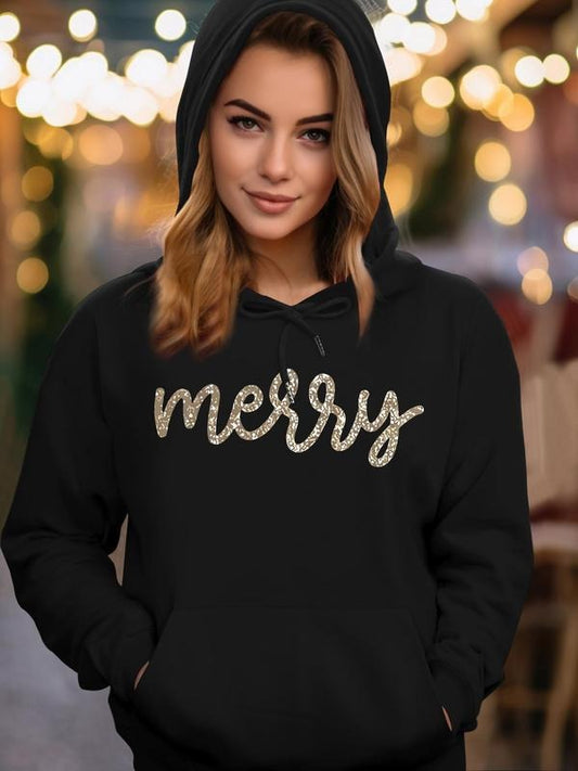 Women's Letter & Christmas Print Drop Shoulder Long Sleeve Hoodie, Fashion Casual Drawstring Pocket Hooded Sweatshirt for Daily Holiday Outdoor Wear, Women Clothing for Fall & Winter