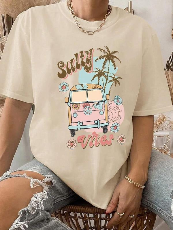 Women's Letter & Coconut Tree & Car & Floral & Ocean Wave Print Drop Shoulder Tee, Fashion Casual Round Neck Half Sleeve T-shirt for Daily Wear, Ladies Clothes for All Seasons