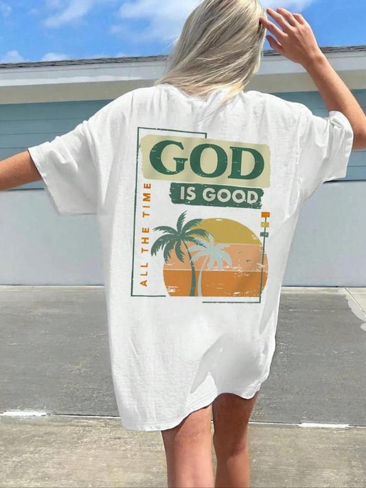 Women's Letter & Coconut Tree Print Round Neck Tee, Graphic Tees, Casual Short Sleeve Crew Neck T-shirt for Summer, Vintage Graphic Tees, Ladies Clothes for Daily Wear