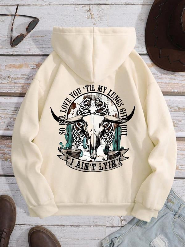 Women's Letter & Cow Print Drawstring Pocket Drop Shoulder Hoodie, Hooded Long Sleeve Pullover For Daily Vacation Outdoor